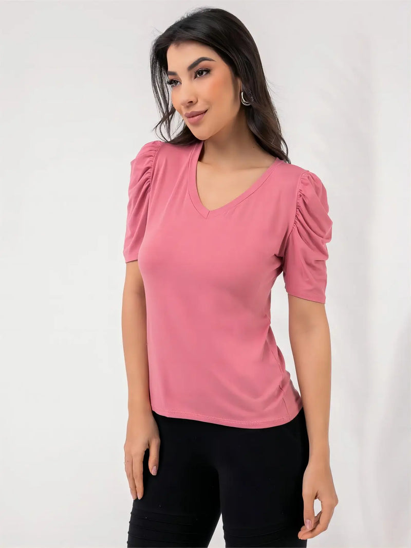 Estilo Verão Simples Blusa feminina de manga bufante com decote em V