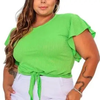 Blusa feminina modelo plus size manga curta amarrada canelado