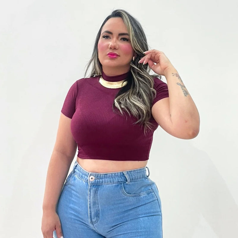 Cropped Blusa Gola Alta Canelado Feminino Moda Verão Manga Curta Blogueira Grin