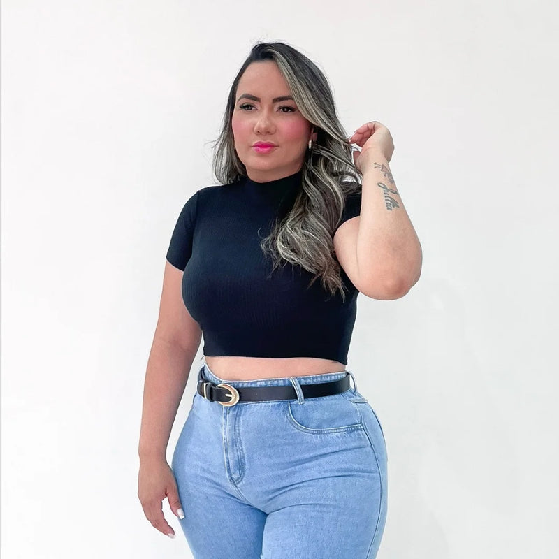 Cropped Blusa Gola Alta Canelado Feminino Moda Verão Manga Curta Blogueira Grin