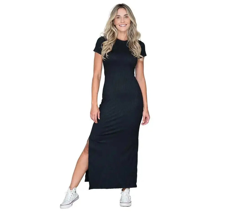 Vestido Longo Feminino Manga Curta com Fenda na Lateral