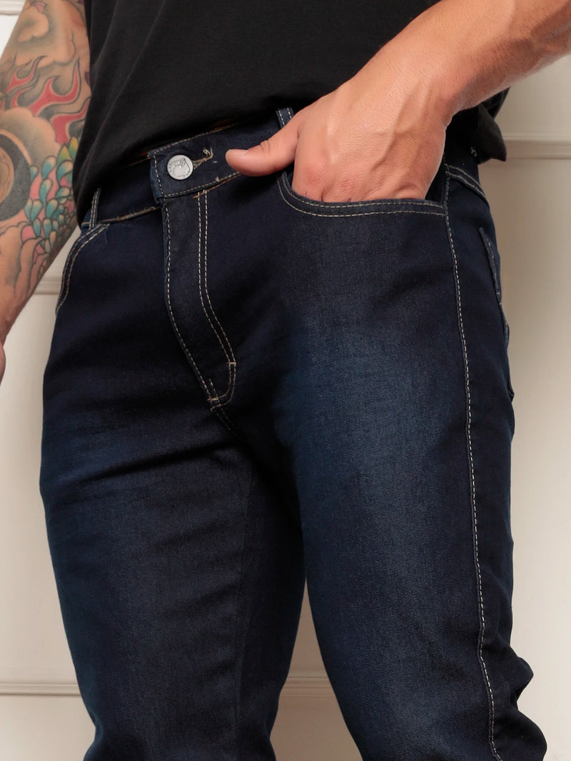 Jeans Super Skinny Masculino, Moda Casual, Lavagem, Escura Estonada