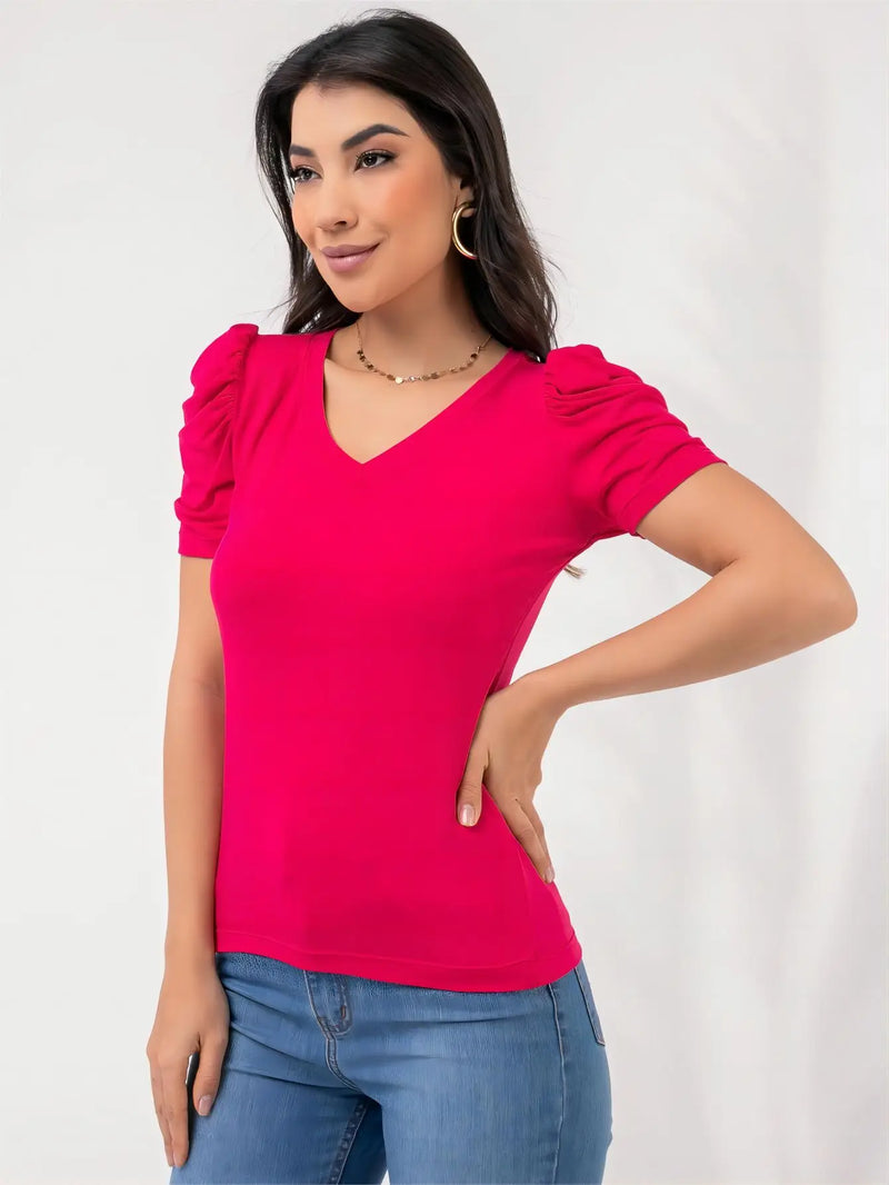 Estilo Verão Simples Blusa feminina de manga bufante com decote em V