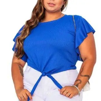 Blusa feminina modelo plus size manga curta amarrada canelado