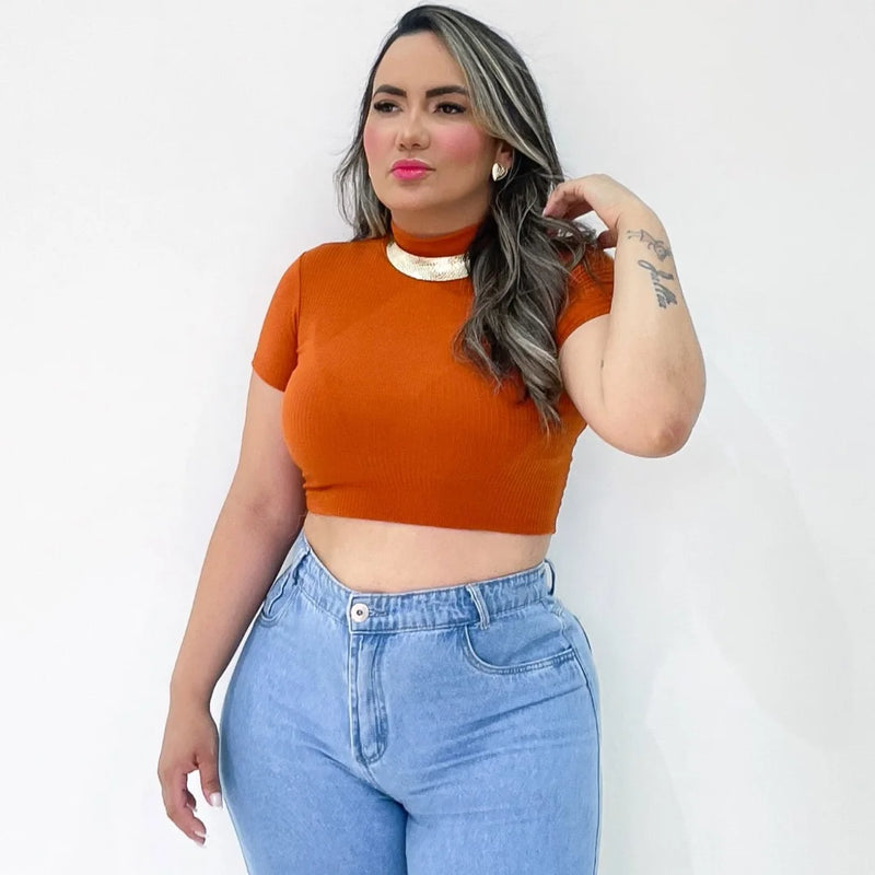 Cropped Blusa Gola Alta Canelado Feminino Moda Verão Manga Curta Blogueira Grin