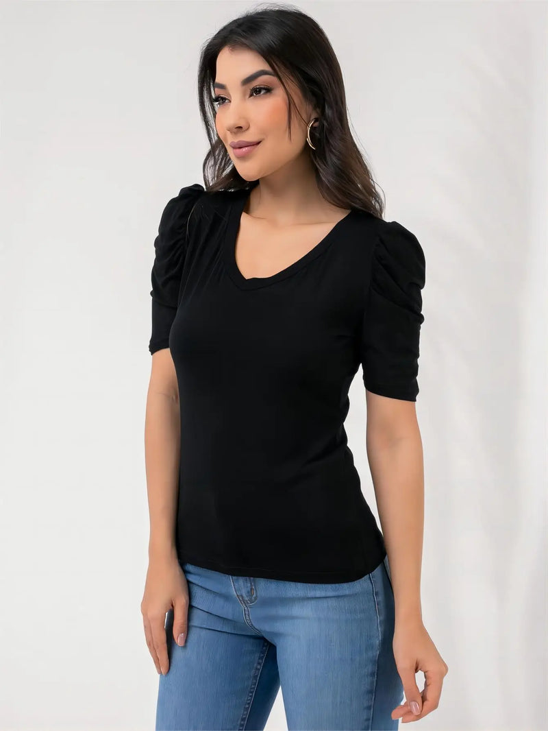 Estilo Verão Simples Blusa feminina de manga bufante com decote em V