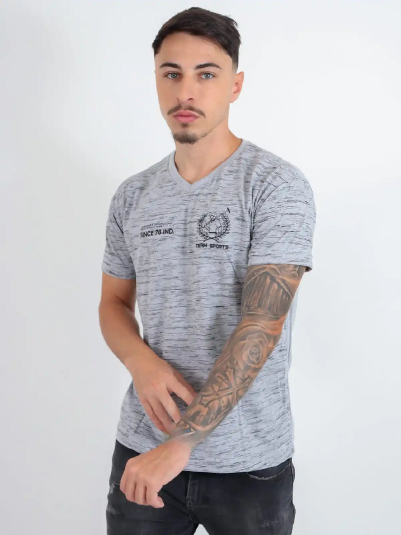 100% algodão. Camiseta masculina com decote em V e estampa fashion