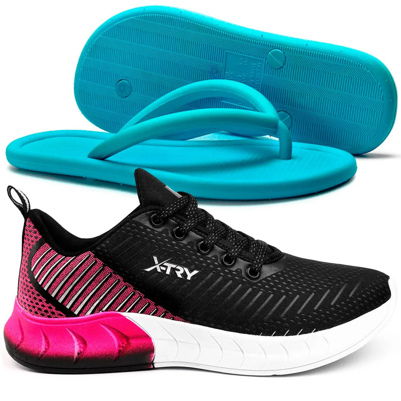 Kit Tênis Esportivo Caminhada Preto Pink Com Chinelo Flip Flop