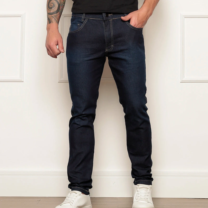 Jeans Super Skinny Masculino, Moda Casual, Lavagem, Escura Estonada