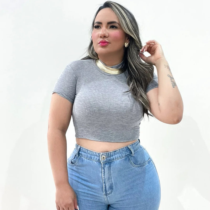 Cropped Blusa Gola Alta Canelado Feminino Moda Verão Manga Curta Blogueira Grin