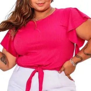 Blusa feminina modelo plus size manga curta amarrada canelado