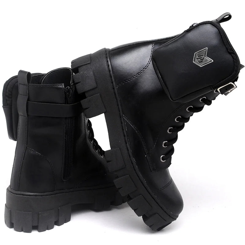 Bota Coturno Tratorada Feminina Casual Cano Curto com Bolsinha Bolsa Lateral Rem