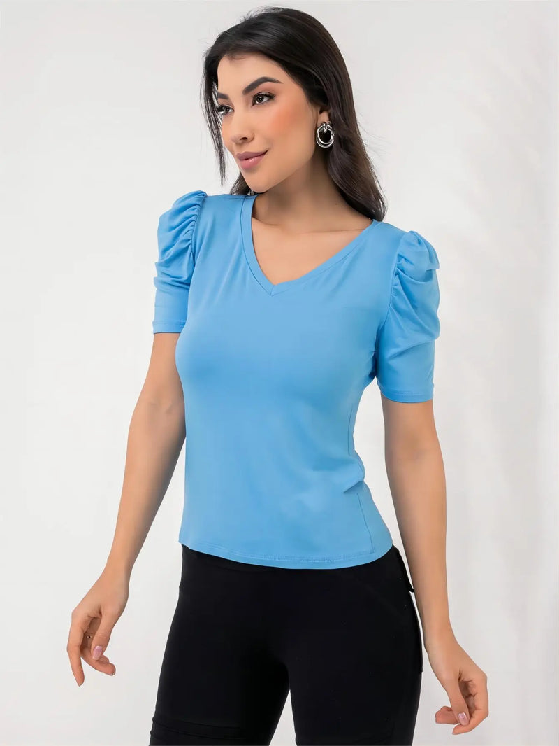 Estilo Verão Simples Blusa feminina de manga bufante com decote em V