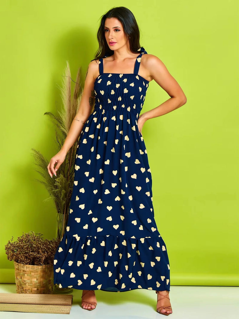 VESTIDO FEMININO SANFONADO ALCINHA VERÃO COM ESTAMPA