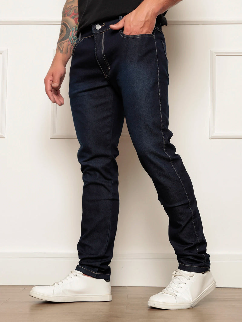 Jeans Super Skinny Masculino, Moda Casual, Lavagem, Escura Estonada