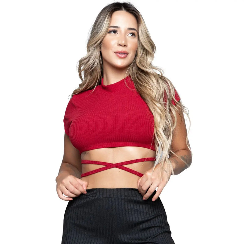 Cropped Amarração Canelado Cruzado Transpassado Moda Gringa Roupa Casual Femin