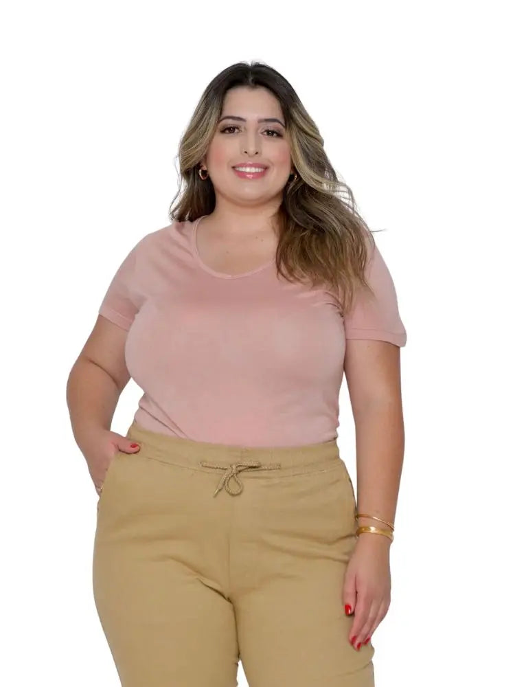 Camiseta Feminina Lisa Básica Rosê com Gola V e Manga Curta