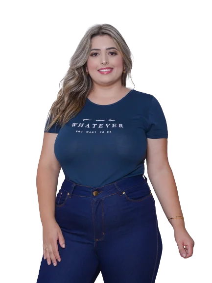 Camiseta Feminina Azul Marinho com Estampa Sortida