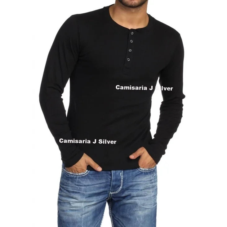 Camiseta HENLEY Masculina Slim Fit Manga Longa J SILVER - PRETA / AZUL / VINHO /