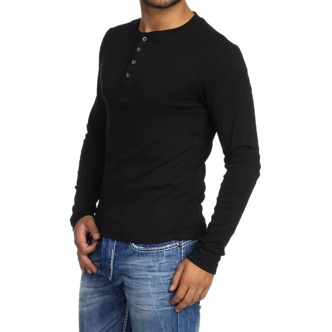 Camiseta HENLEY Masculina Slim Fit Manga Longa J SILVER - PRETA / AZUL / VINHO /