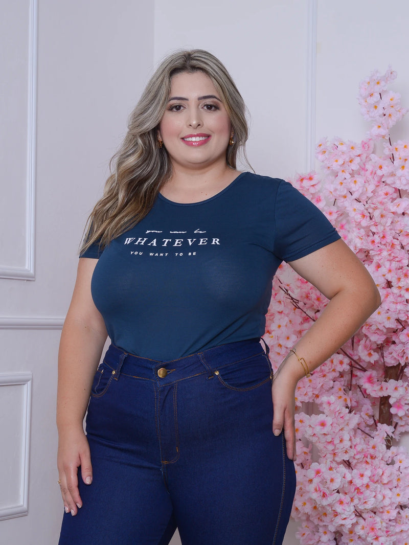 Camiseta Feminina Azul Marinho com Estampa Sortida