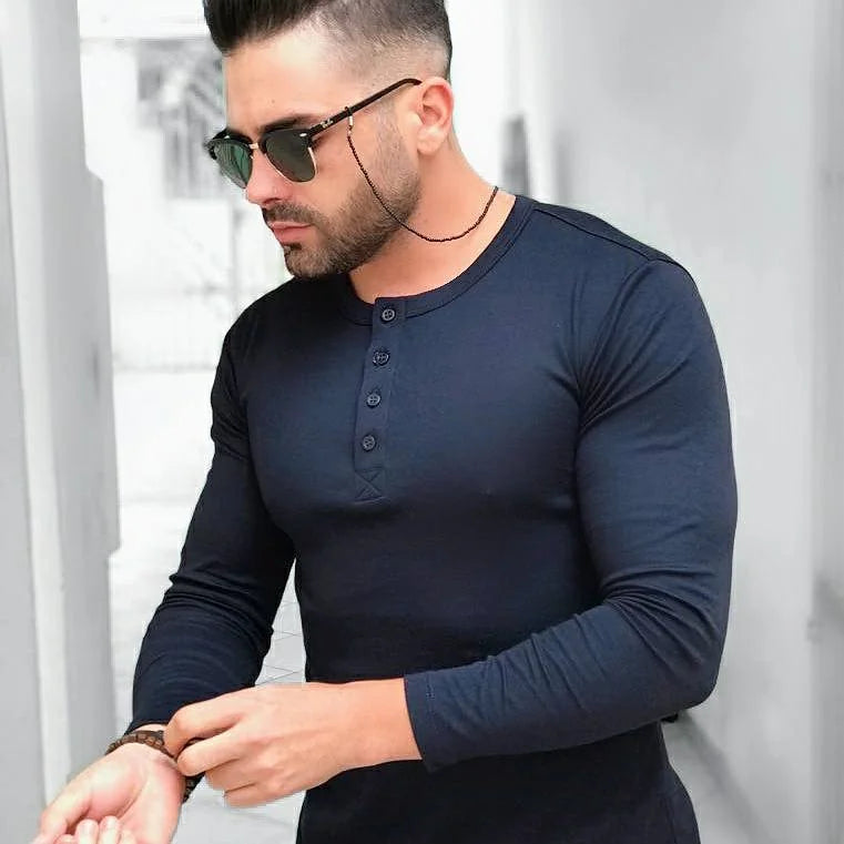 Camiseta HENLEY Masculina Slim Fit Manga Longa J SILVER - PRETA / AZUL / VINHO /