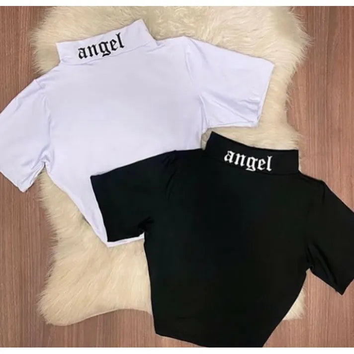 Blusa cropped feminina gola alta Angel manga curta