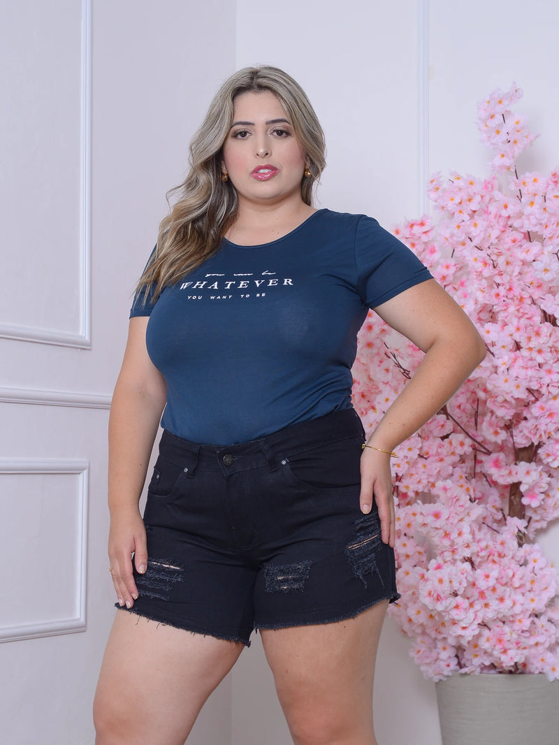 Camiseta Feminina Azul Marinho com Estampa Sortida