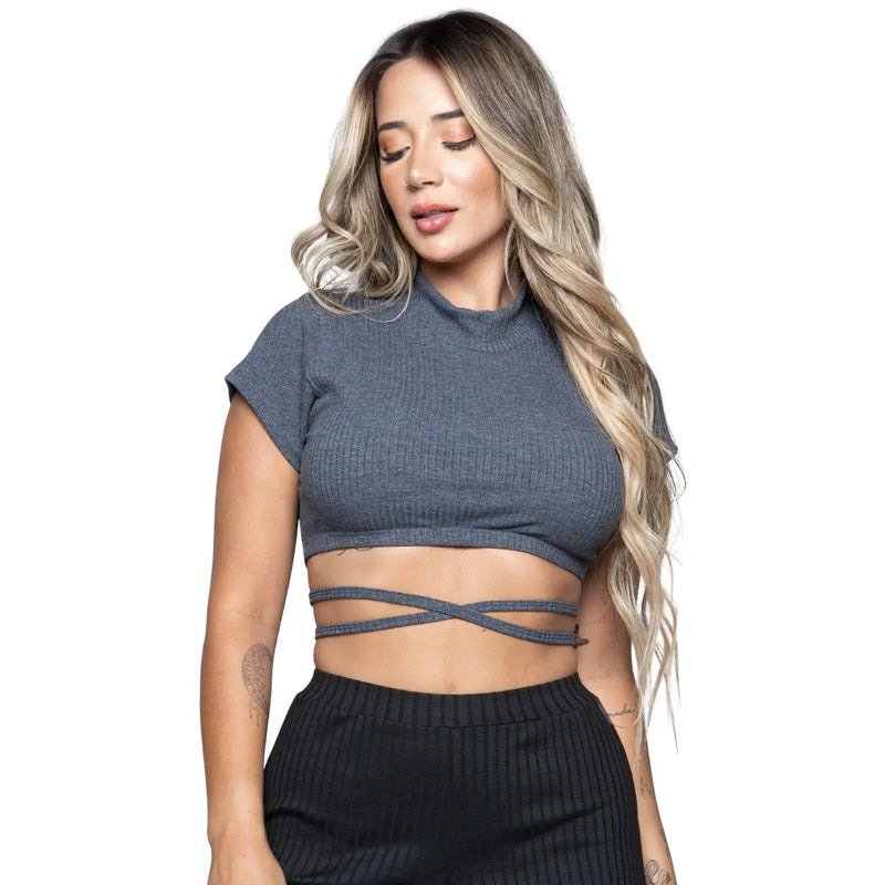 Cropped Amarração Canelado Cruzado Transpassado Moda Gringa Roupa Casual Femin